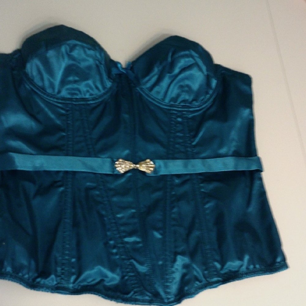 36 Elegant Moments Deep Turquoise Satin Corset w/Underwire & Rhinestone Belt